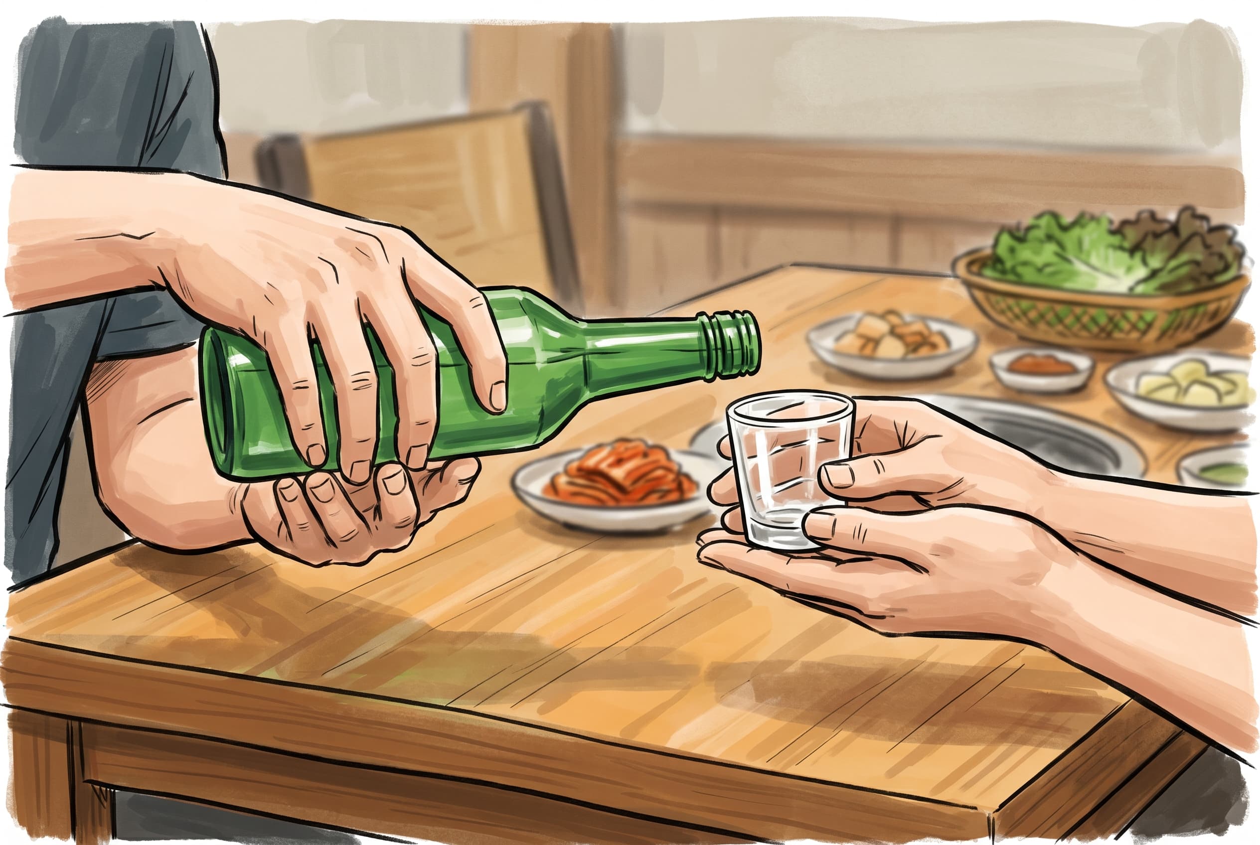 Illustration of the Korean two-handed soju pour: one diner pours from a green soju bottle with their right hand, supported by their left hand at the wrist; the other diner receives the small shot glass with both hands