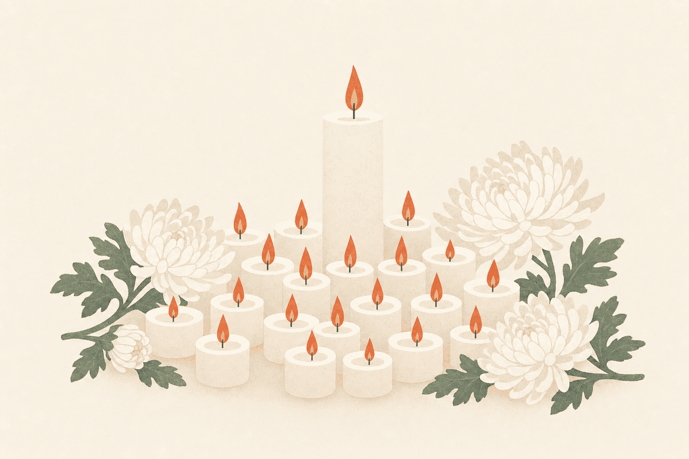 Illustration of a candlelight memorial with white candles and chrysanthemum flowers