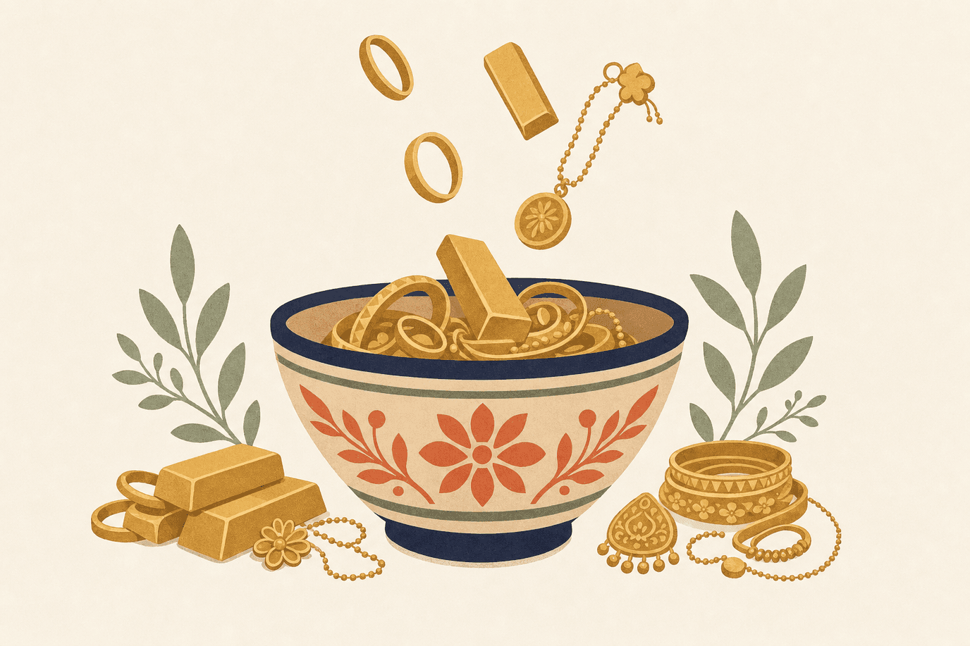 Illustration of gold rings and trinkets being collected in a large bowl