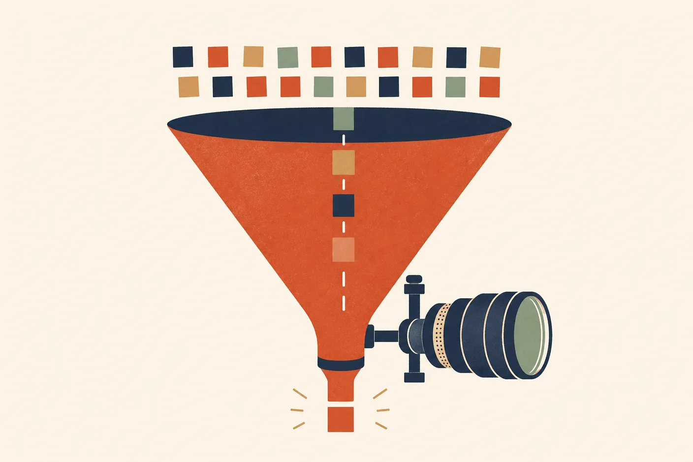 Illustration of a wide funnel narrowing to a single slender neck, small square chips queued above the opening and only one passing through at a time, a heavy lens assembly mounted beside the neck