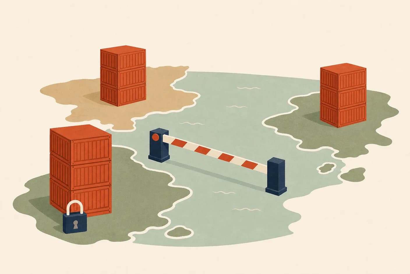 Illustration of a wide flat map table with three stacked shipping crates on separate landmasses, a lowered barrier arm across the sea lane between them, a small padlock resting on the nearest crate