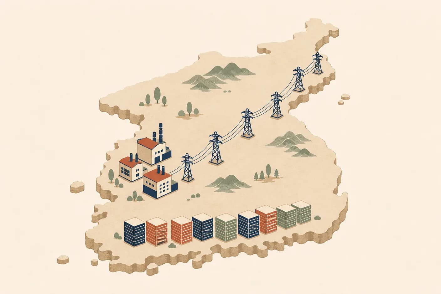 Illustration of the Korean peninsula rendered as a raised relief plate, three small fab buildings clustered on its western side, a line of transmission pylons running down from the east coast toward them, memory stacks arranged along the southern edge
