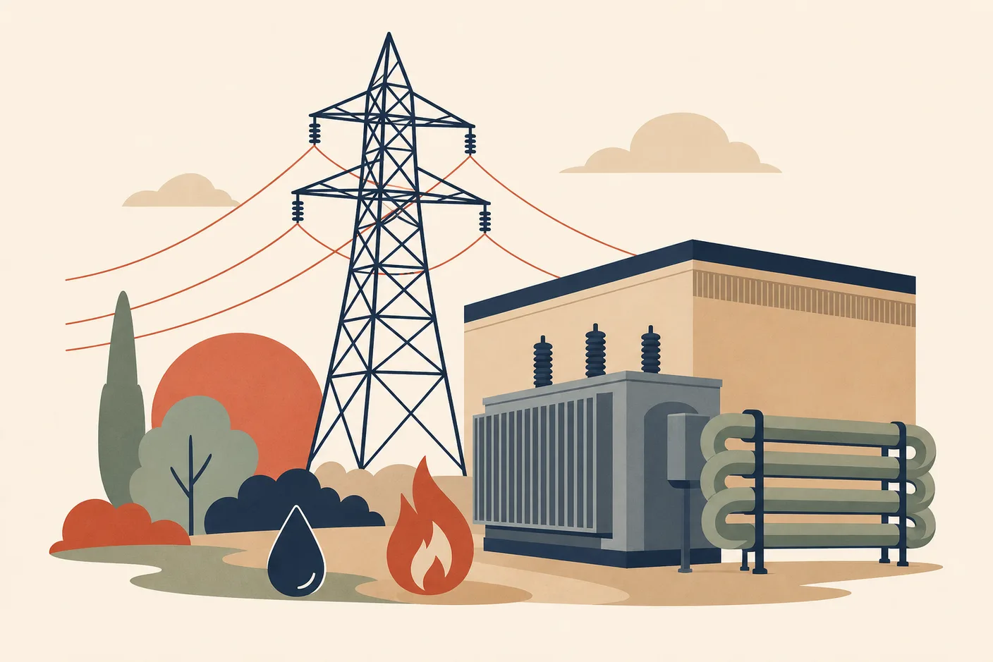 Illustration of a lattice transmission pylon standing beside a low windowless hall, a large grey transformer box and coiled cooling pipes in the foreground, a water droplet and a small flame motif set on the ground