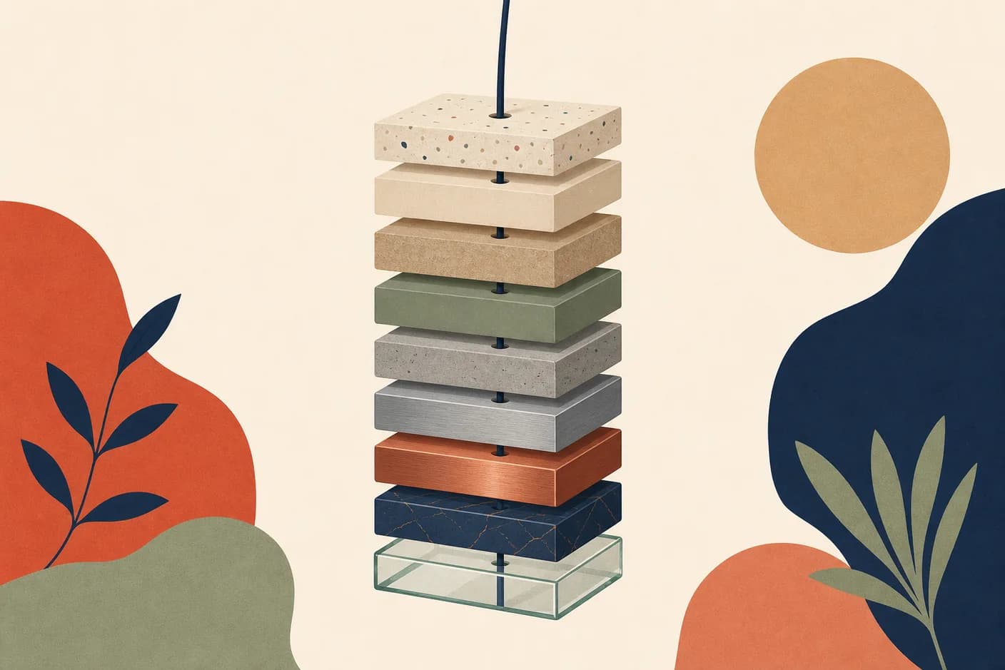Illustration of nine slim rectangular slabs stacked into a tall tower, each slab a different material from polished glass at the base through copper and brushed steel to matte ceramic at the top, a thin cable threading up through all of them