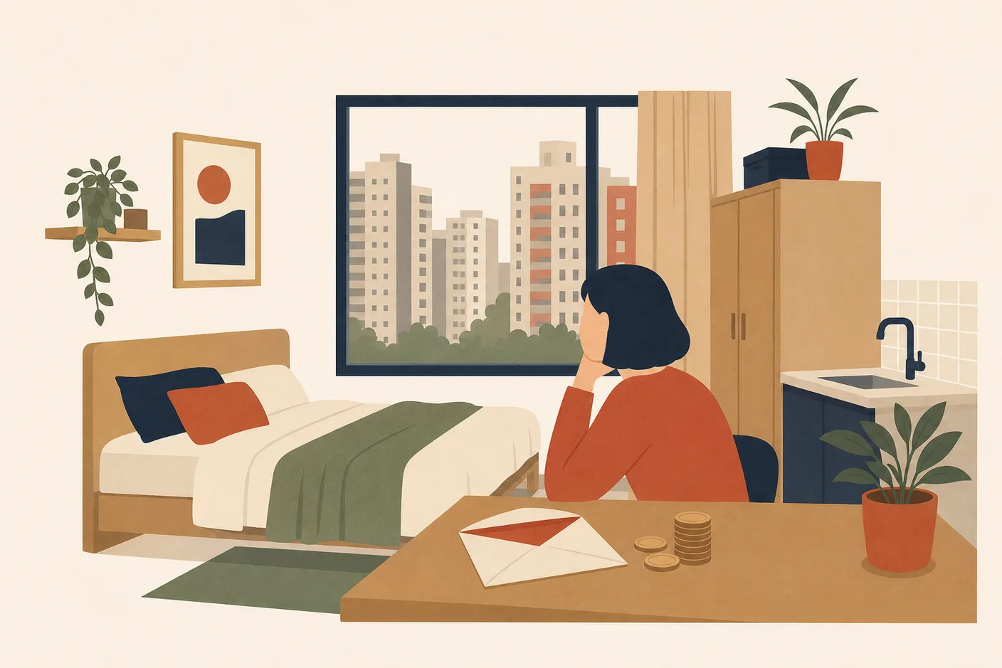 Illustration of a small Seoul officetel room with a bed, desk and window showing apartment towers, a rent notice envelope and a stack of coins on the desk