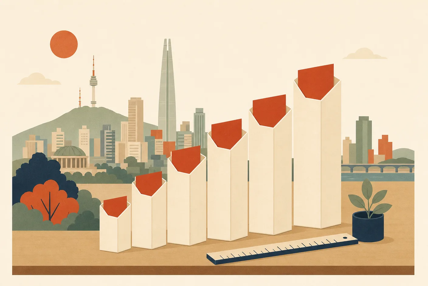 Illustration of a row of paper pay envelopes standing on a desk in rising heights like a bar chart, a small ruler laid beside them and a city skyline of Seoul faintly behind, warm morning light