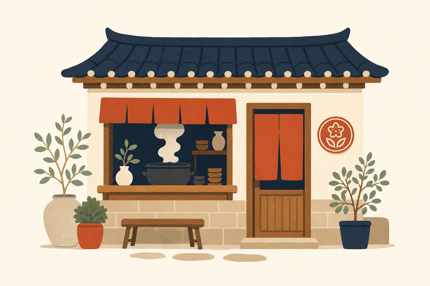 Illustration of a traditional storefront with a round certification plaque by the door and steam rising from a pot inside