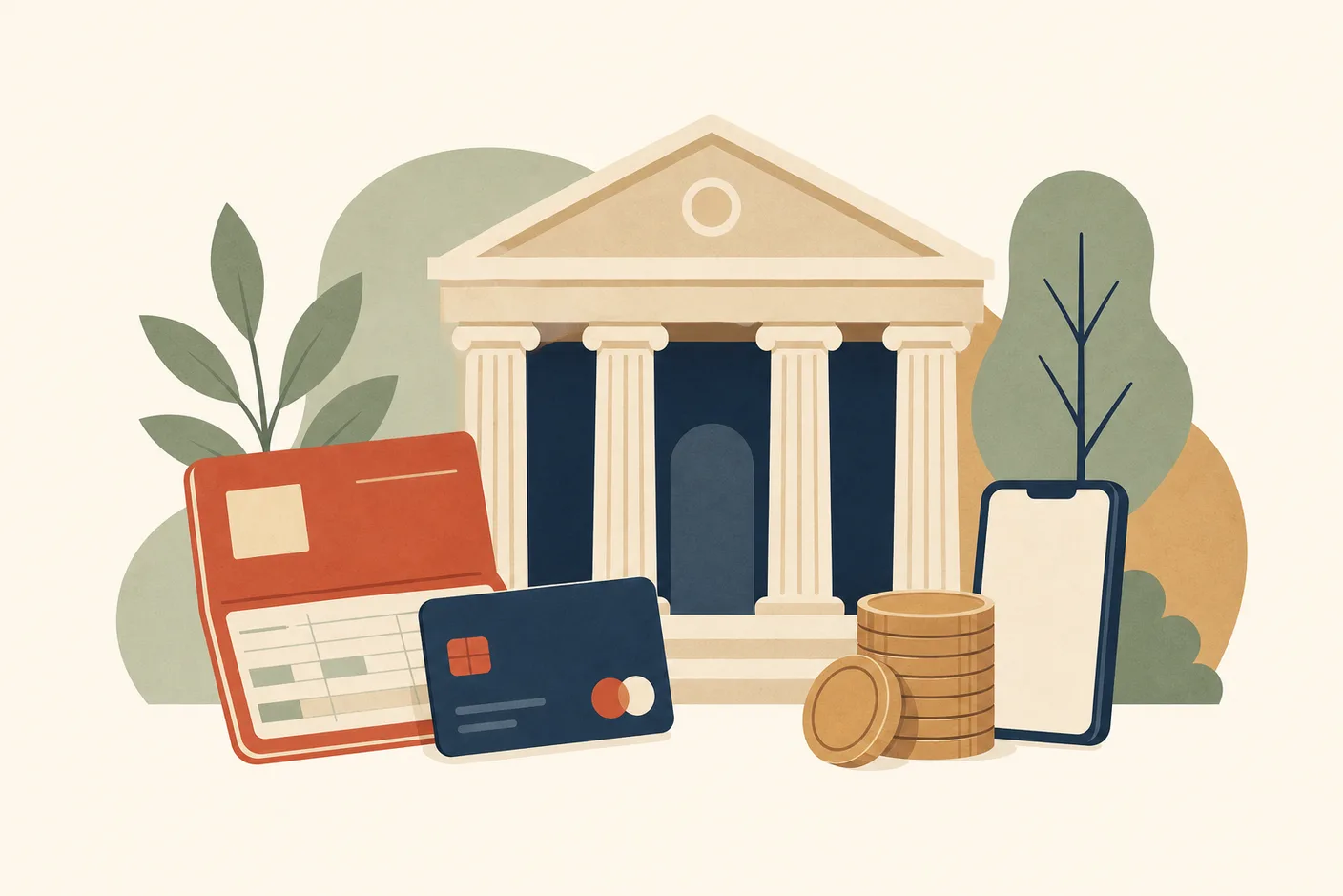 Illustration of a classical bank building facade with columns, a passbook and a payment card leaning against it, coins stacked beside a small smartphone