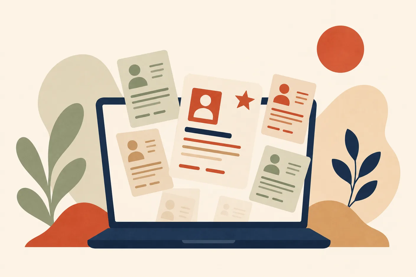 Illustration of a laptop with job listing cards floating out of the screen, one card marked with a star