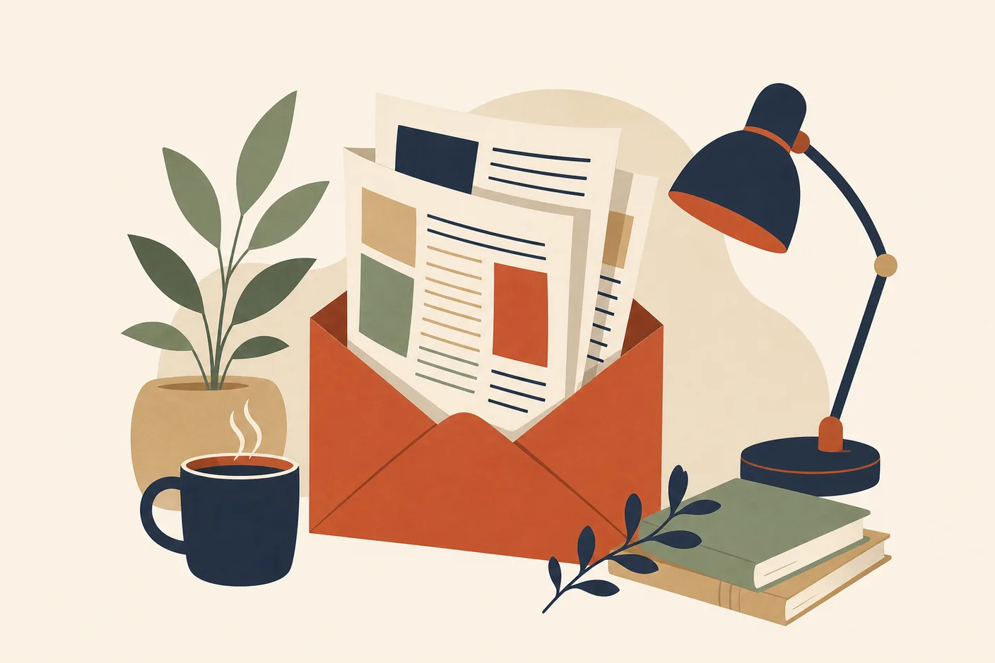 Illustration of an open envelope releasing folded newsletter pages with abstract line blocks, a steaming coffee cup and a reading lamp beside it