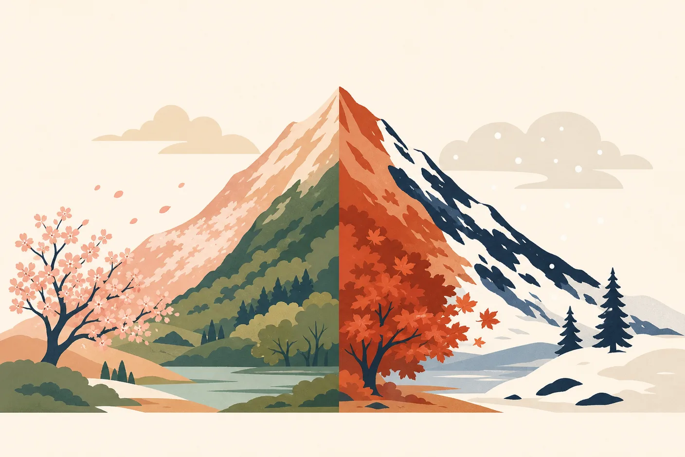 Illustration of one mountain landscape split into four seasonal quarters: blossoms, green leaves, red maples, and snow