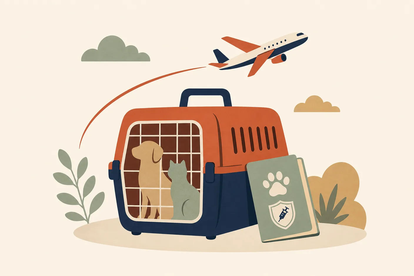 Illustration of a pet travel crate with an airplane arcing overhead and a vaccination booklet leaning against it