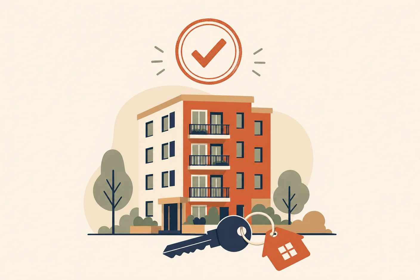 Illustration of a small apartment building with a round approval stamp hovering above it, a large key with a house-shaped keyring in front