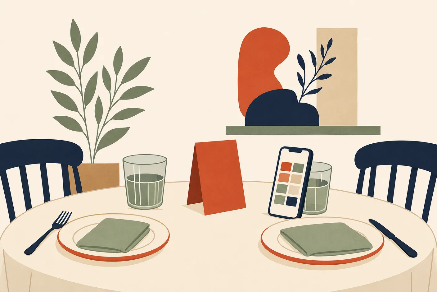 Illustration of a restaurant table set for two with a small folded reservation card standing between the settings, a phone leaning against a water glass showing an abstract grid of time slots