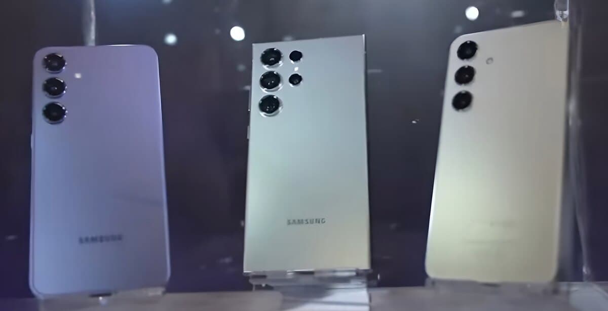 サムスンGalaxy S24シリーズ。S24、S24+、S24 Ultraの3モデルが並んでいる