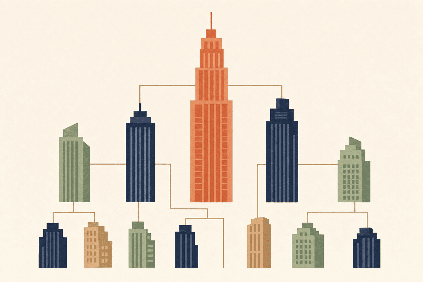 Illustration of corporate towers connected like a family tree