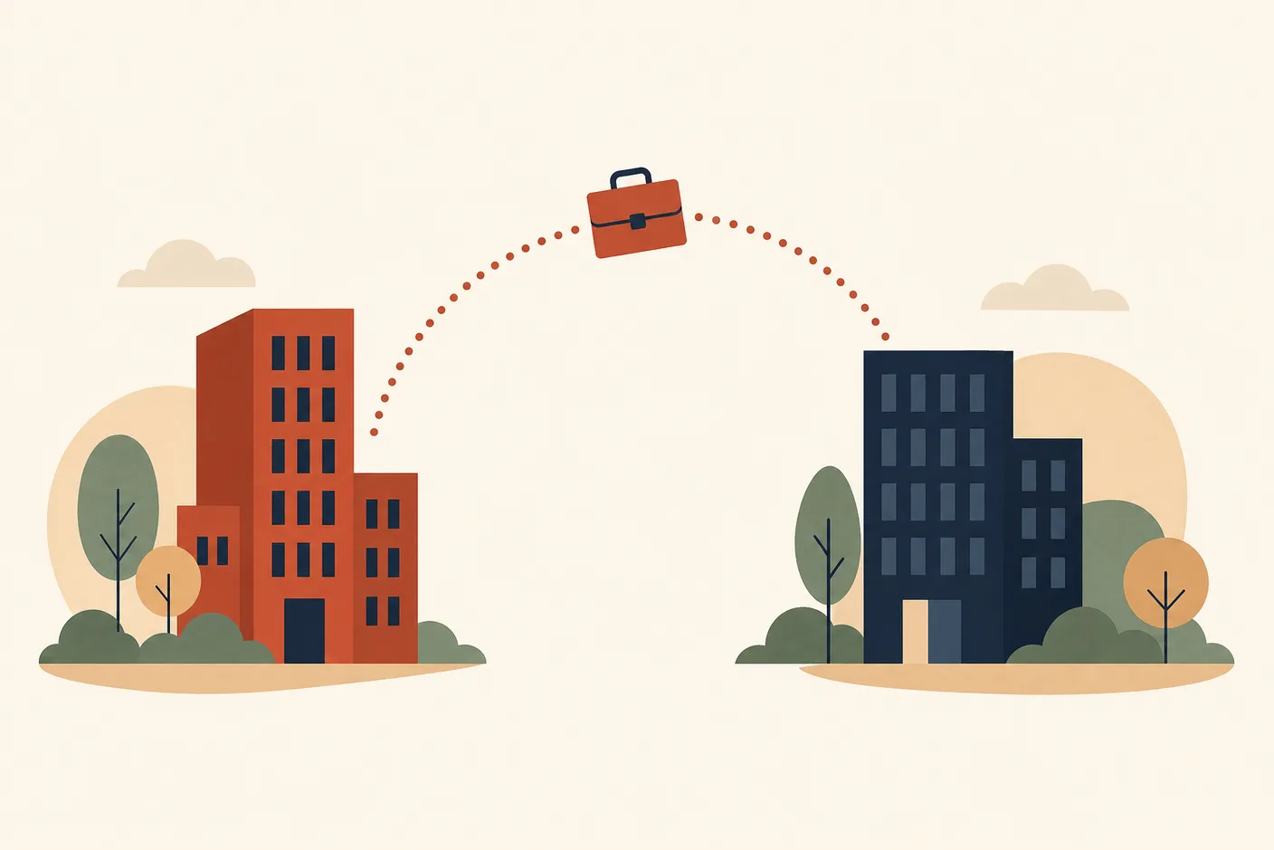 Illustration of two office buildings connected by a dotted arching path, a briefcase traveling midway along the path