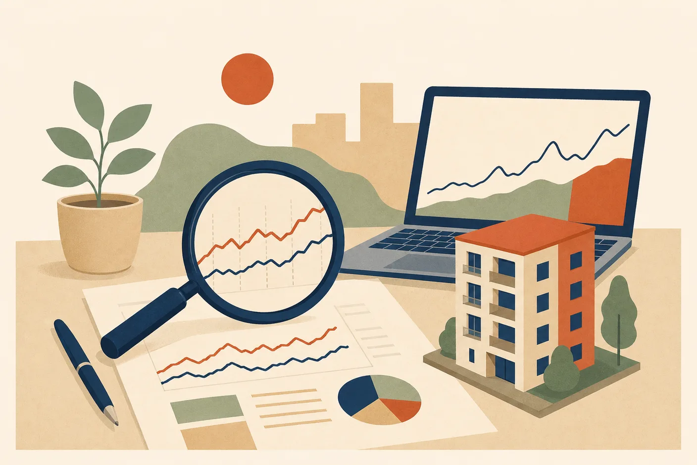 Illustration of a magnifying glass over a printed price chart and a small apartment building model on a desk, with a laptop showing a line graph