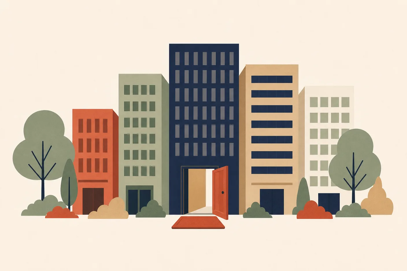 Illustration of a row of office towers with one ground-floor door open and a welcome mat outside