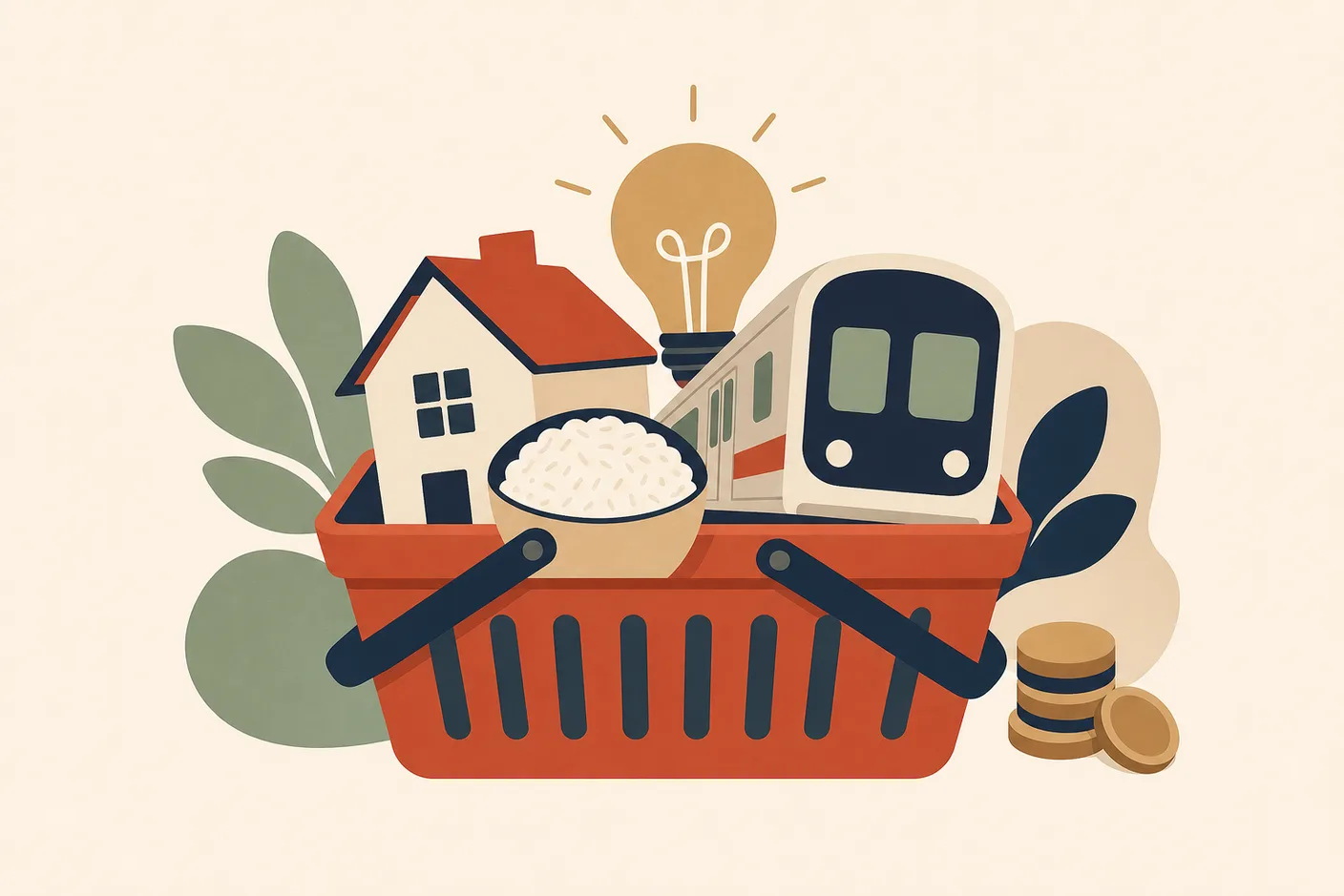 Illustration of a shopping basket holding a tiny house, a bowl of rice, a subway car, and a lightbulb, coins beside it