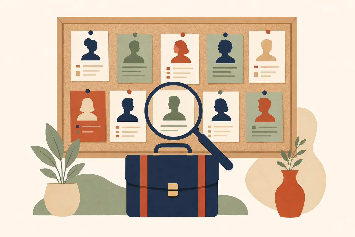 Illustration of a briefcase beneath a corkboard of pinned job listings, a magnifying glass hovering over one