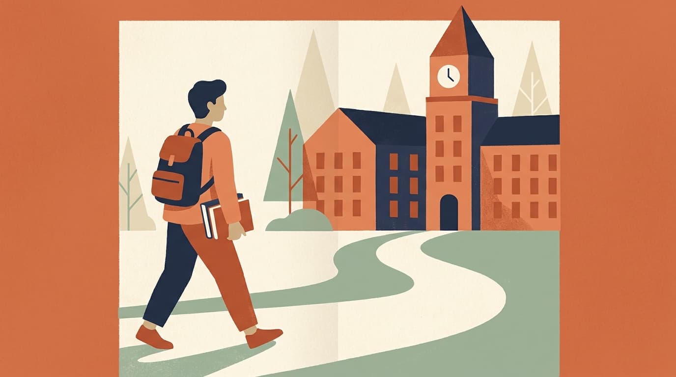 Illustration of a student with a backpack walking toward a university campus
