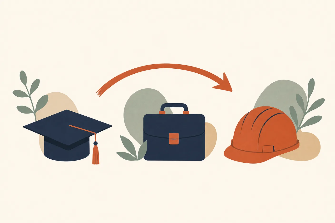 Illustration of a graduation cap transforming along a curved arrow into a briefcase and hard hat