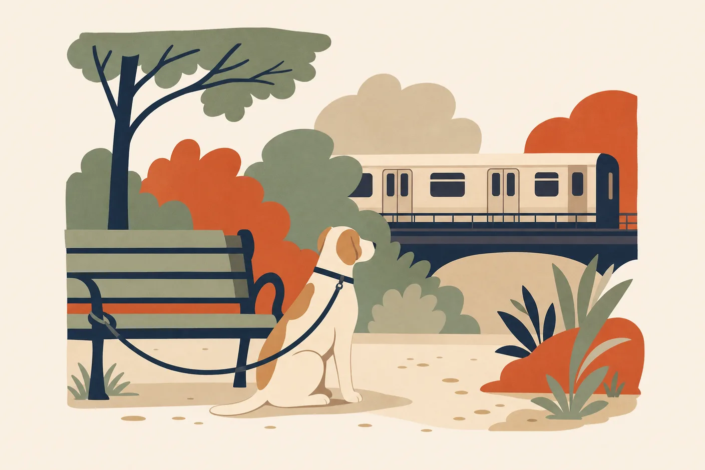 Illustration of a dog on a leash beside a park bench, a subway car passing in the background