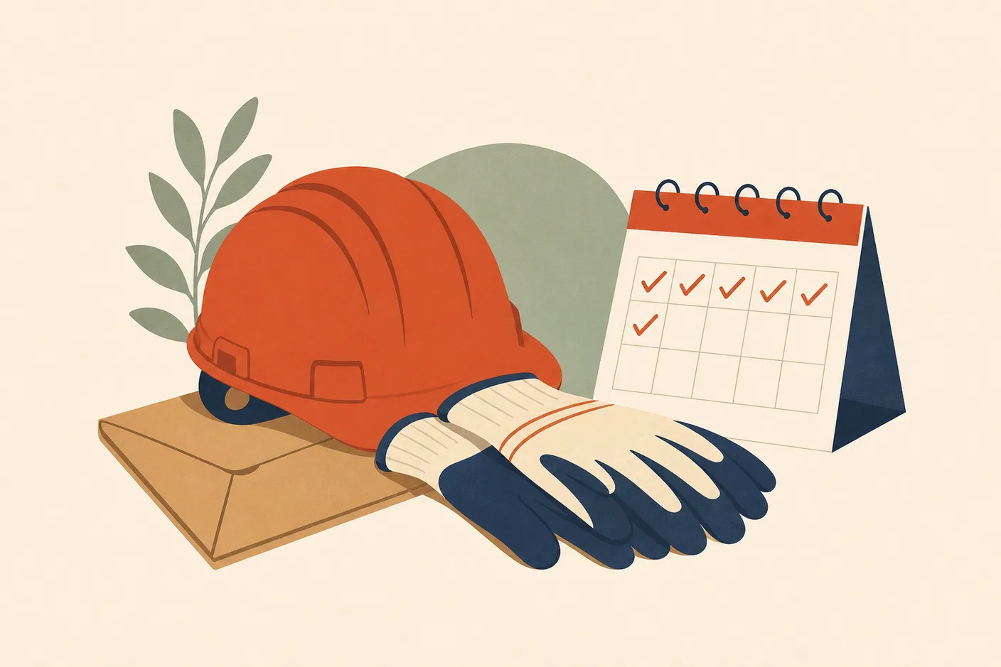 Illustration of a hard hat and a pair of work gloves resting on a folded day-wage envelope, a small paper calendar beside them with single days ticked off one by one