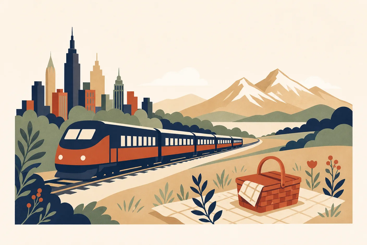 Illustration of a train leaving a city skyline toward distant mountains, a picnic basket in the foreground