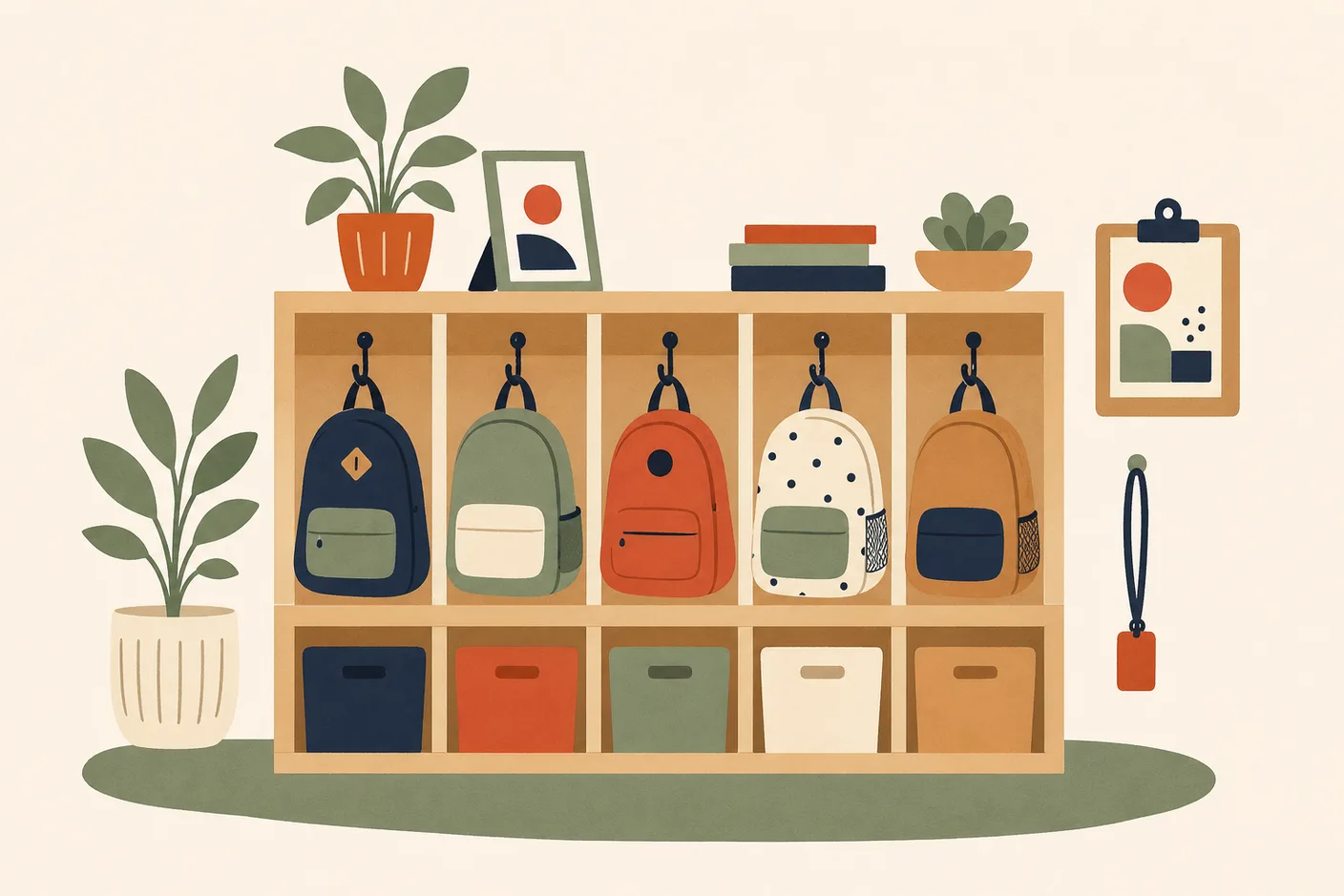 Illustration of a row of small cubbies with children's backpacks and a teacher's clipboard hanging beside them