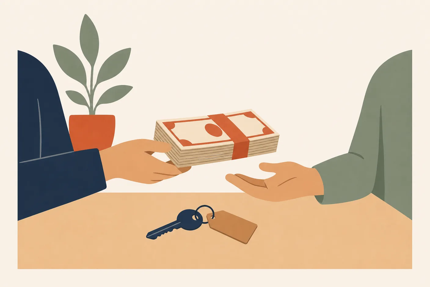 Illustration of a thick stack of banknotes being handed back across a table, a door key lying between the hands