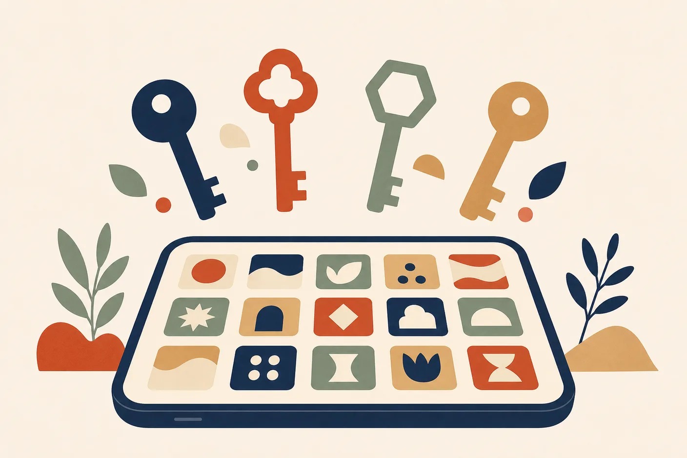 Illustration of a phone home screen of abstract app tiles arranged in a grid, four simple key shapes floating above it