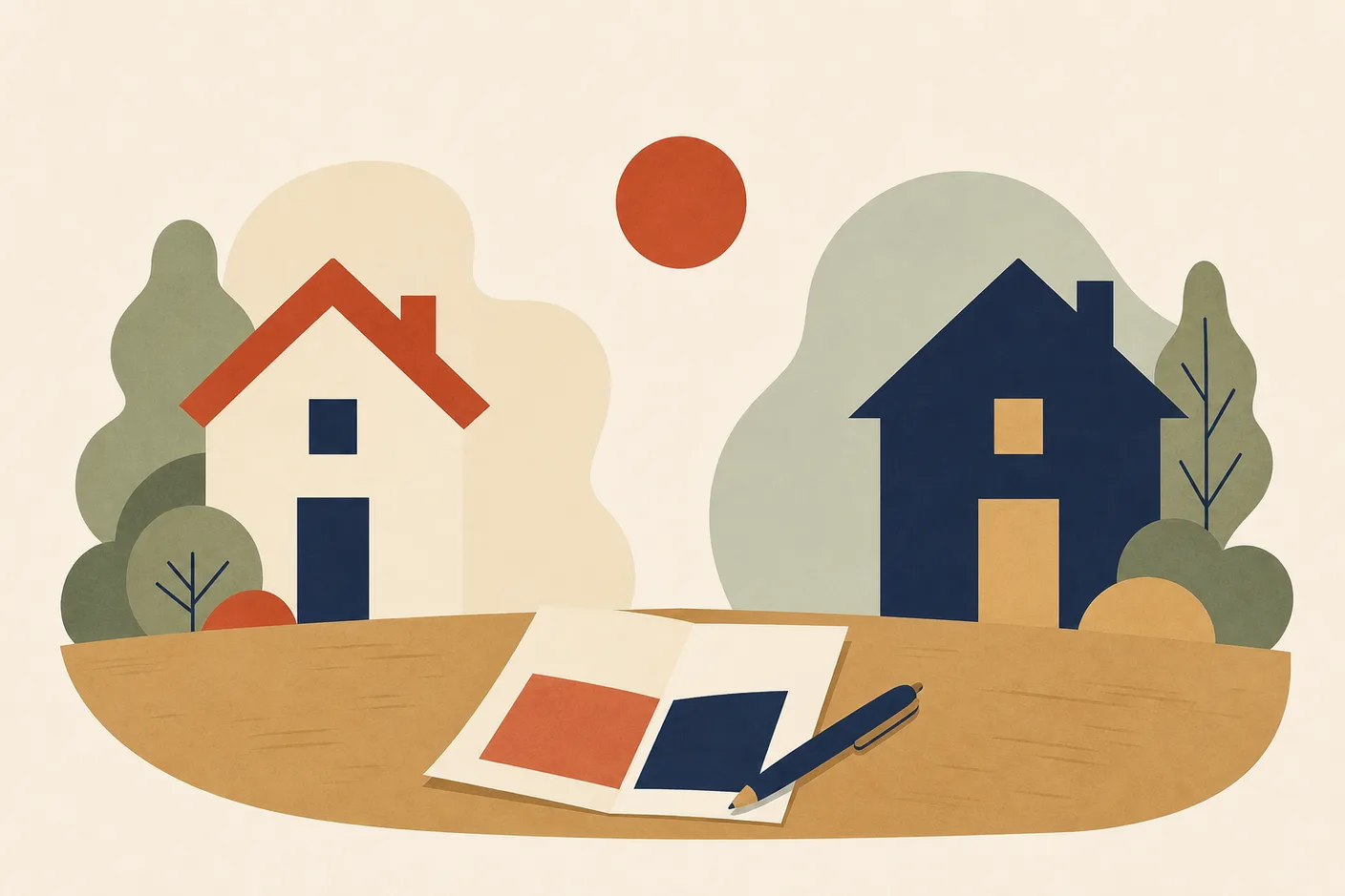 Illustration of two separate calm house silhouettes with a single folded document and a pen resting on a table between them