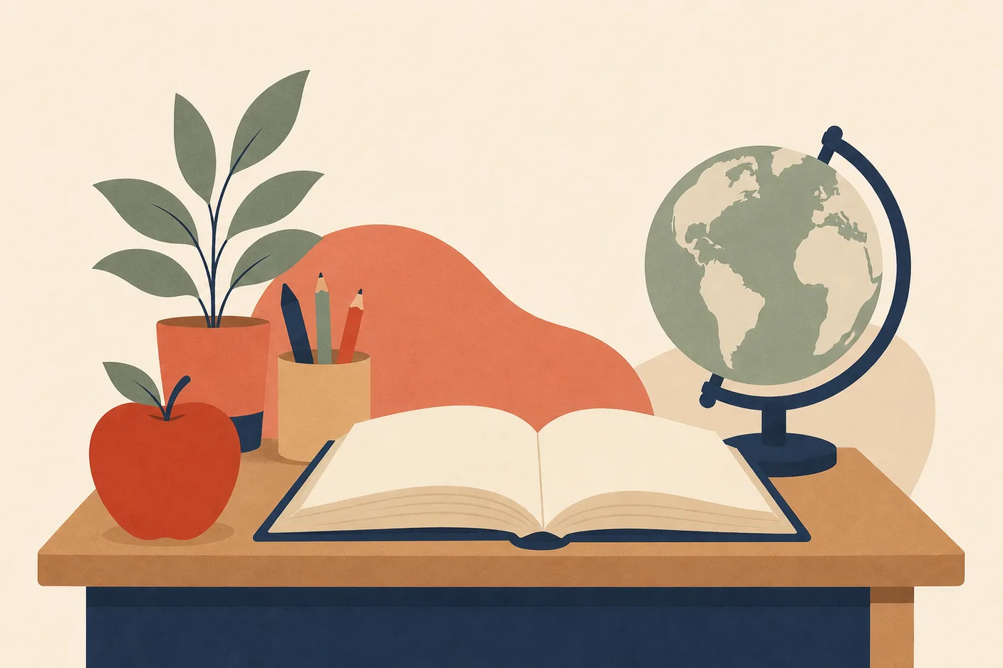 Illustration of a classroom desk with an open textbook, an apple, and a small globe