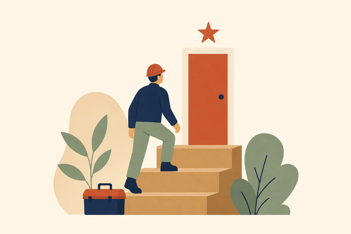 Illustration of a worker in a hard hat climbing a short staircase of three wide steps toward a door with a small star above it, a toolbox resting on the bottom step