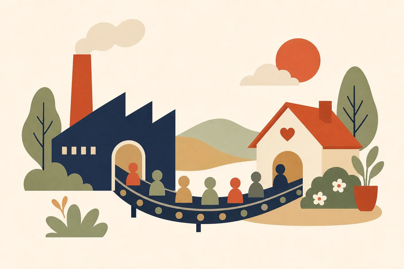 Illustration of a factory with a conveyor belt leading out of it toward a small welcoming house