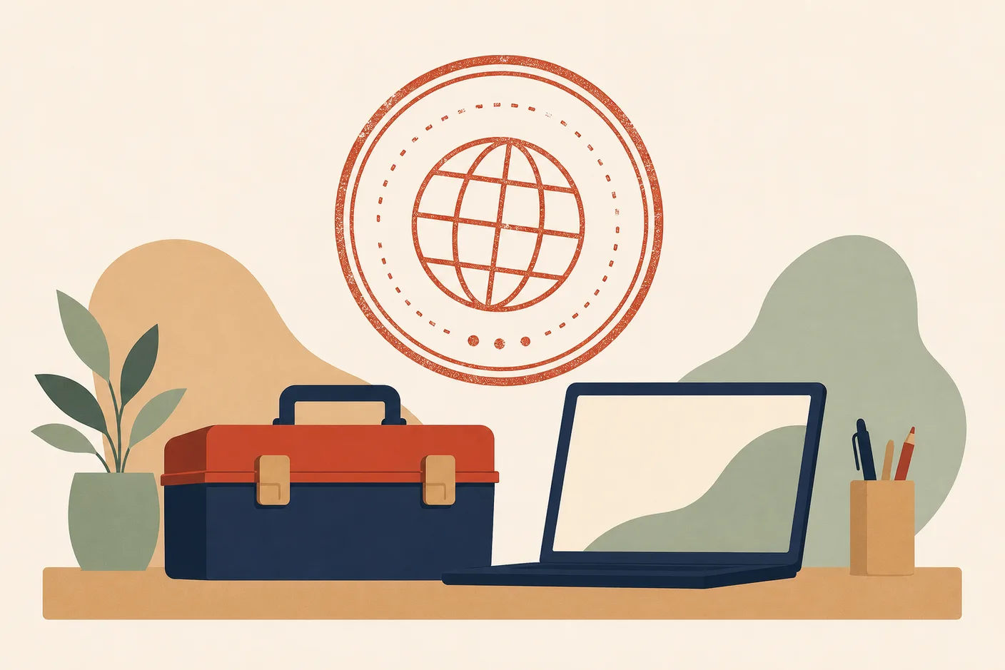 Illustration of a toolbox and a laptop side by side on a desk beneath a large round visa stamp