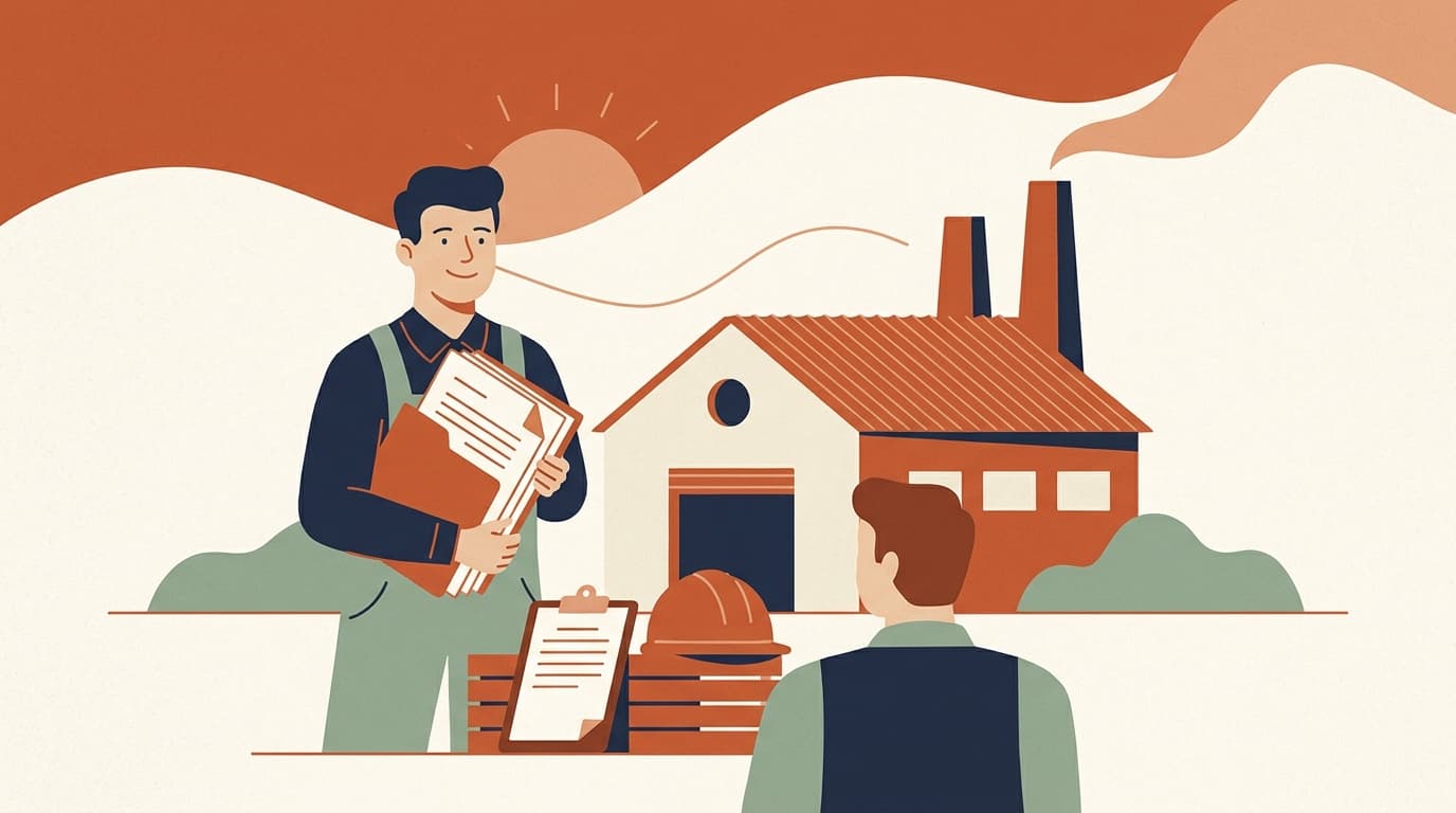 Illustration of a worker holding a folder of documents in front of a small workshop