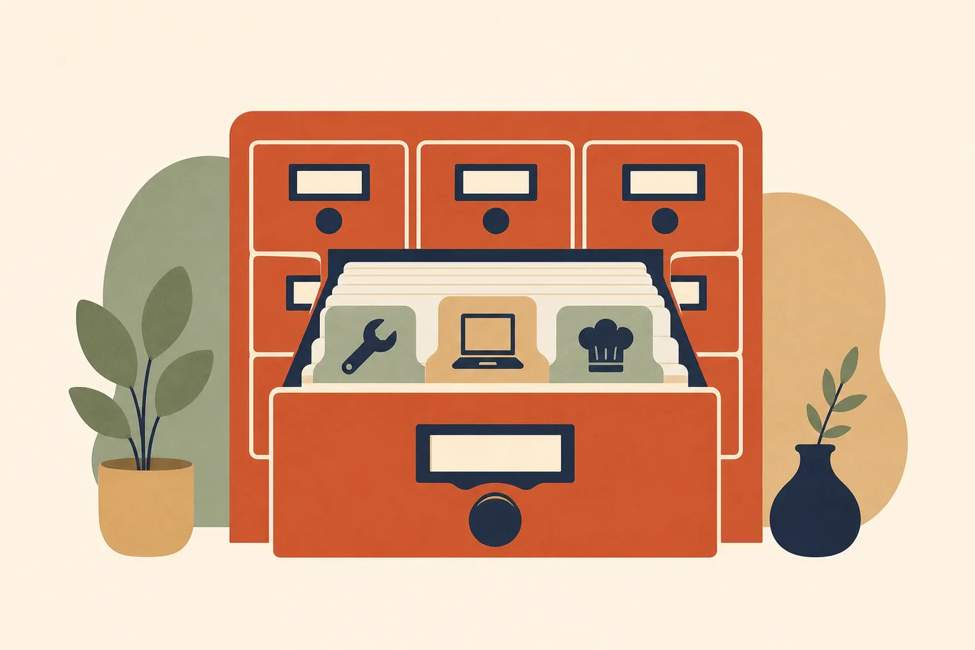 Illustration of an open card-catalog drawer with file tabs carrying tiny tool icons: wrench, laptop, chef hat