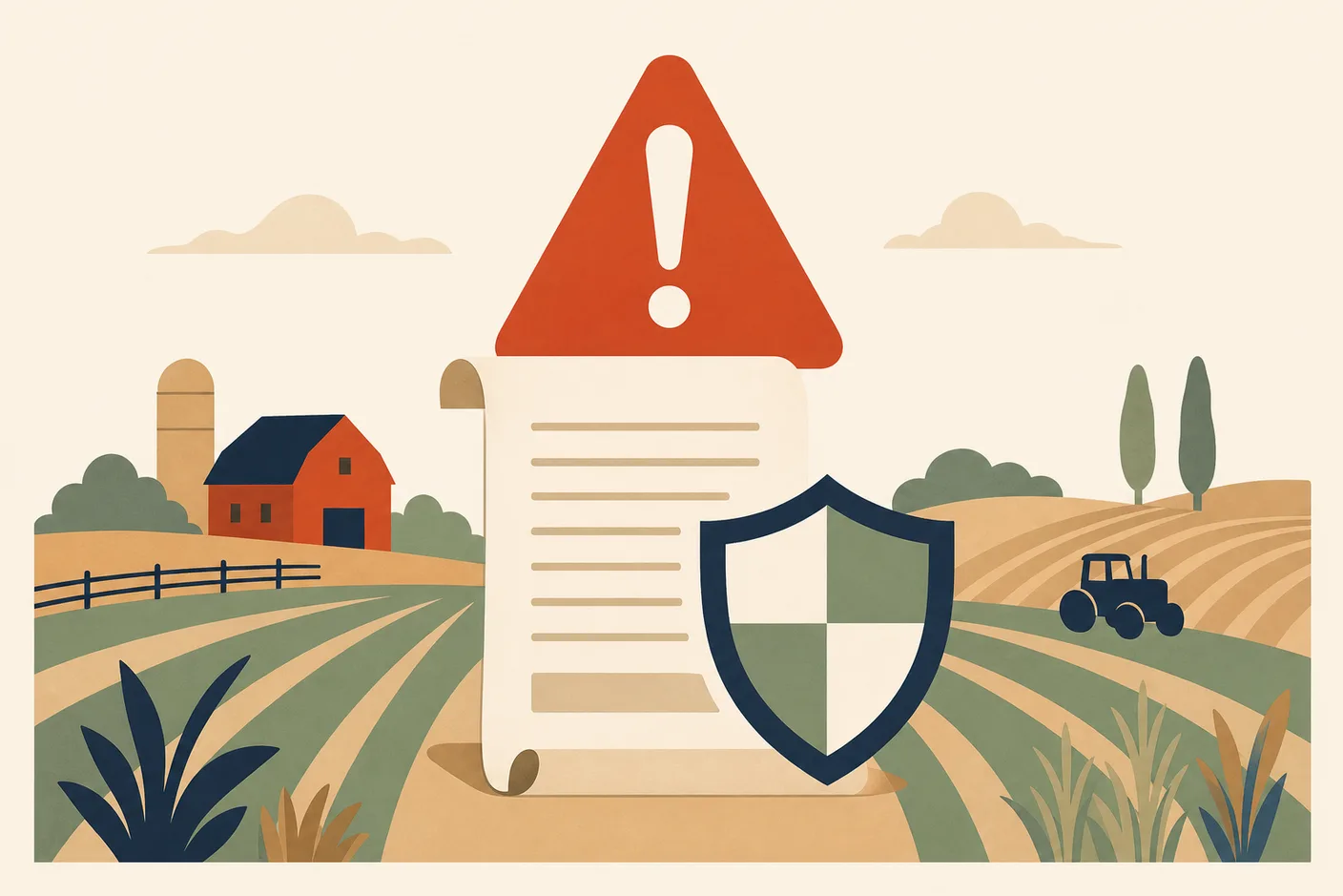 Illustration of a farm field with a warning triangle looming over a contract, a shield planted in front