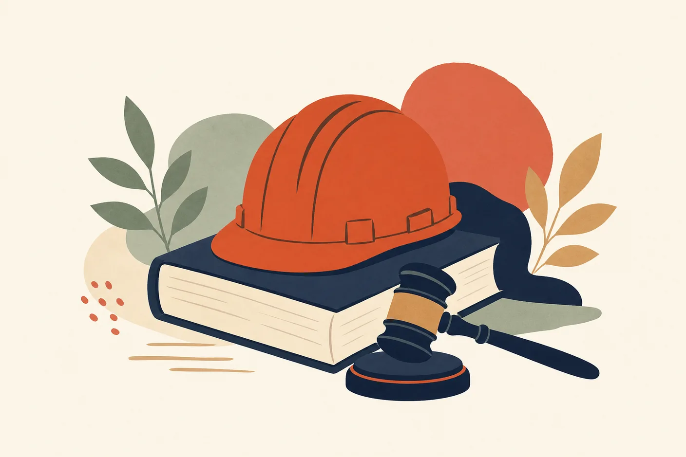 Illustration of a hard hat resting on a thick law book with a gavel lying beside it