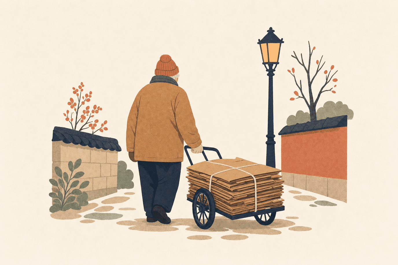 Illustration of an elderly person pulling a handcart stacked with folded cardboard