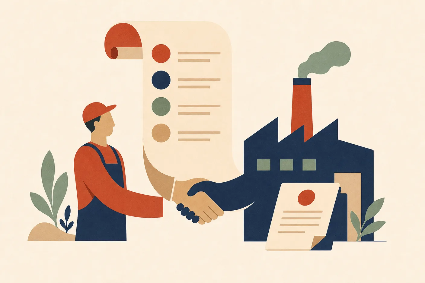 Illustration of a ranked list scroll unrolling into a handshake between a worker figure and a factory building, a small contract document beside them