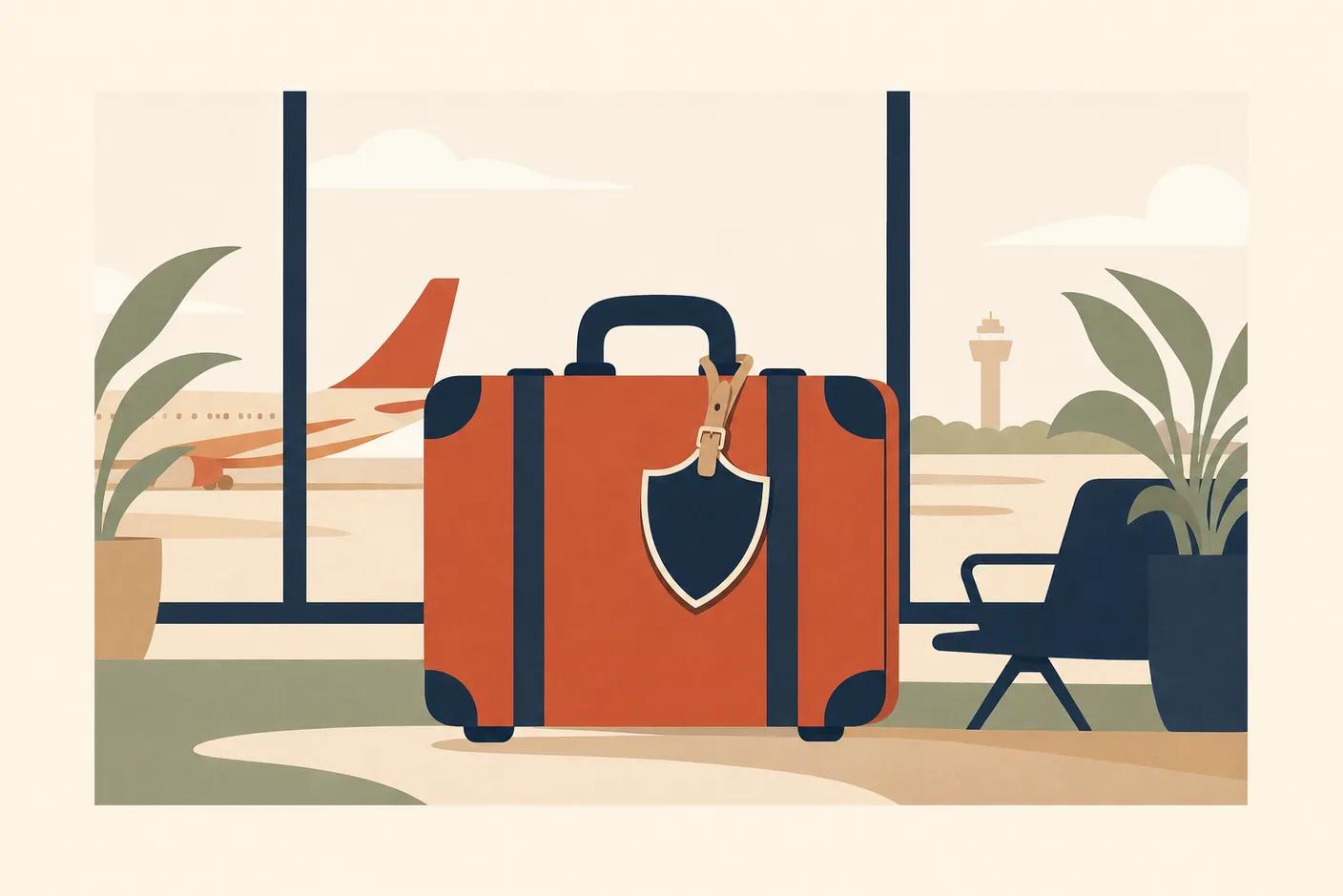 Illustration of a suitcase with a shield-shaped luggage tag standing at an airport departure gate window