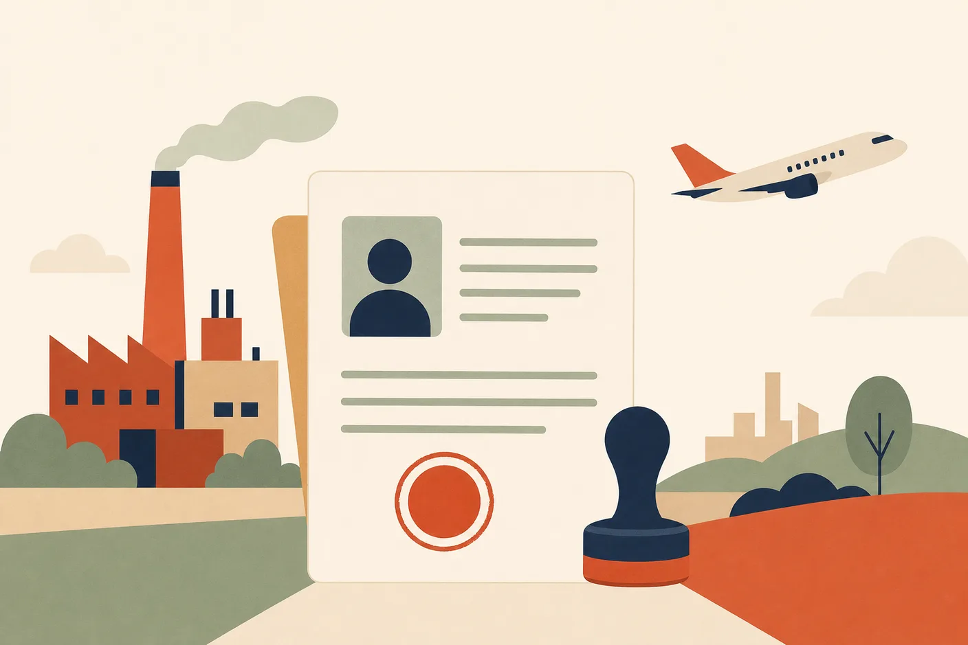 Illustration of a work permit document in the foreground with a factory and an airplane on the horizon