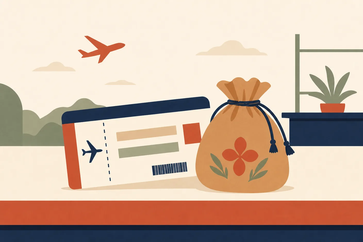 Illustration of a boarding pass and a small drawstring money pouch on a departure counter