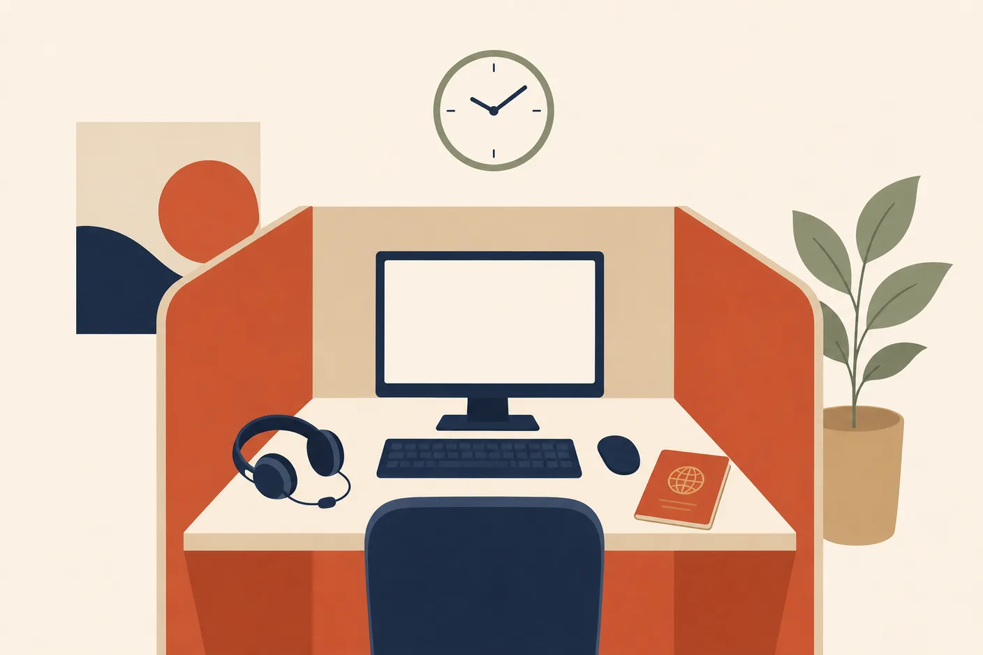 Illustration of a computer testing booth with a headset and a passport resting beside the keyboard, a clock on the wall above