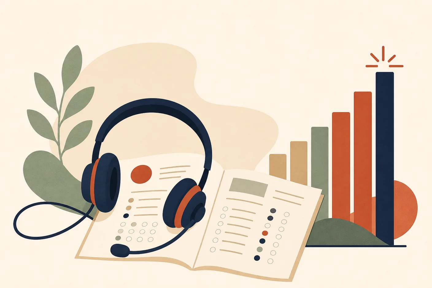 Illustration of a headset resting on an open test booklet with a bar chart score meter rising beside it