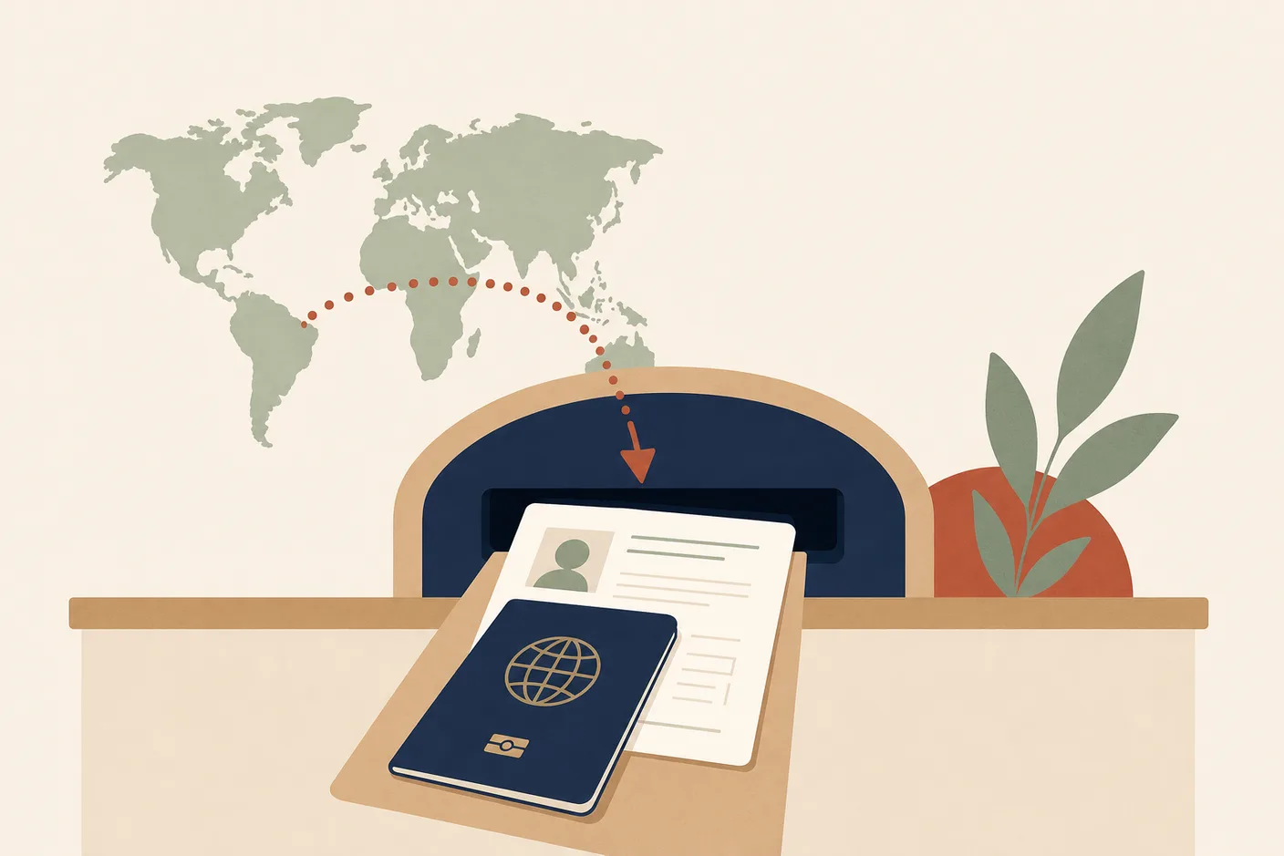 Illustration of a passport and application form sliding into a mail slot shaped like an office counter window, a small world-map dotted line arcing toward it
